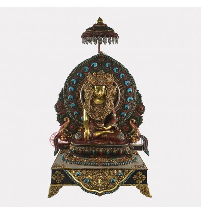 Hand Carved Painted & Gold Gilded Copper Tibetan Crowned Shakyamuni Buddha / Tomba on Throne Sculpture