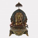 Hand Carved Painted & Gold Gilded Copper Tibetan Crowned Shakyamuni Buddha / Tomba on Throne Sculpture