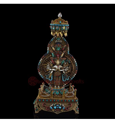 Hand Carved Gold Detailed Decorated with Stones Tibetan Buddhist 1000 Armed Avalokiteshvara Copper Statue