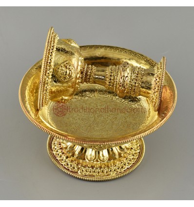 Hand Carved Buddhist Tibetan Ritual Copper Alloy with 24-Kart Gold Gilding Offering Sherkim Set