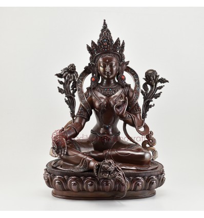 Hand Carved  Copper Alloy in Oxidation Finish Buddhist Tibetan Green Tara / Dholma Ritual Rupa Statue