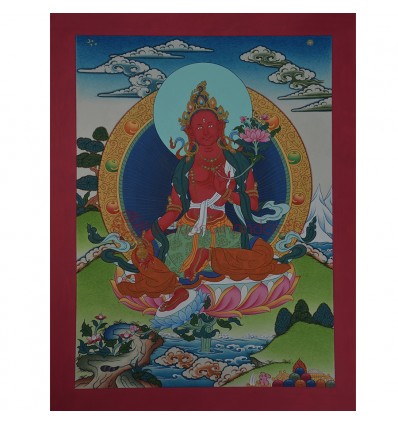 Hand painted 17" x 13" Red Tara Cotton Canvas Tibetan Buddhist Thangka Painting