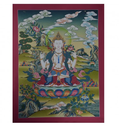 Hand Painted 26”x20” Chenrezig Avalokiteshvara Thangka Painting