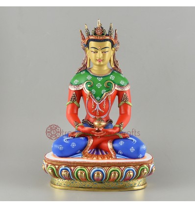 Hand Made 10.5" Amitabha Crown Buddha Gold Gilded Painted Copper Statue 