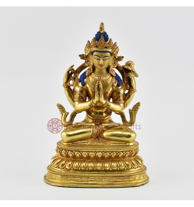 Hand Made Copper Alloy with 24 Karat Gold Gilded and Hand Painted Face Chenrezig Statue