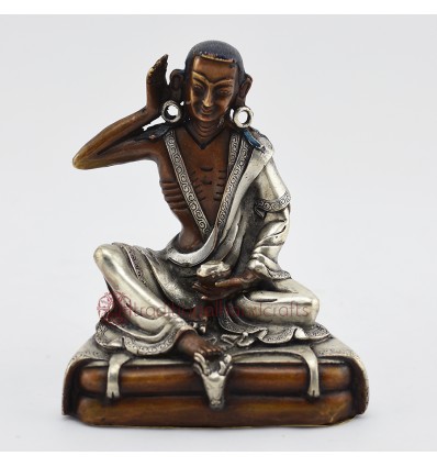 Machine Made, Oxidized Copper Alloy Wiith with Silver Plated 4" Milarepa Statue