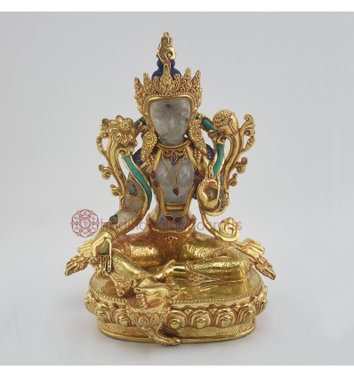 Hand Made Copper Alloy with 24 Karat Gold Gilded Green Tara / Dholma Statue