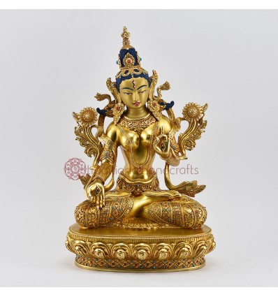 Fine Quality Hand Carved Gold Detailed Face Painted Tibetan Buddhist Religious White Tara / Dholkar Copper Statue