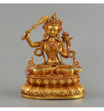 Gold Plated Copper Alloy with Gold Plated in Antique Finish 4" Manjushri  Statue