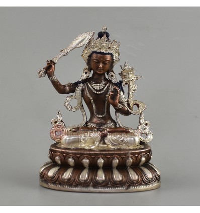 Copper Alloy Silver Plated in Oxidation Finish 4" ManjushriStatue