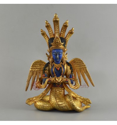 Hand Carved  Gold Plated Copper Alloy and Lapis 9.5" Nag Kanya Statue