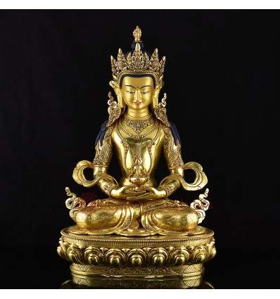 Hand Carved 24 Karat Gold Gilded Hand Painted Face Tibetan 19.5" Aparmita Copper Ritual Statue