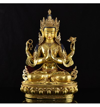 Hand Carved 24 Karat Gold Gilded Hand Painted Face Tibetan19" Chenrezig Copper Ritual Statue