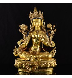 Hand Carved 24 Karat Gold Gilded Hand Painted Face Tibetan 18.5" Green Tara Copper Ritual Statue