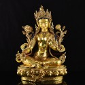 Hand Carved 24 Karat Gold Gilded Hand Painted Face Tibetan 18.5" Green Tara Copper Ritual Statue