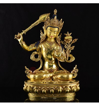 Hand Carved 24 Karat Gold Gilded Hand Painted Face Tibetan 19" Manjushri Copper Ritual Statue