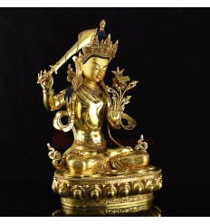 Hand Carved 24 Karat Gold Gilded Hand Painted Face Tibetan 19" Manjushri Copper Ritual Statue