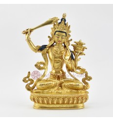 Hand Carved Gold Face Painted 8.75" Manjushri /  Jambiyang Gold Gilded Copper Statue