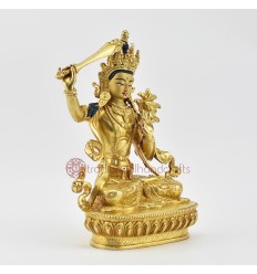 Hand Carved Gold Face Painted 8.75" Manjushri /  Jambiyang Gold Gilded Copper Statue