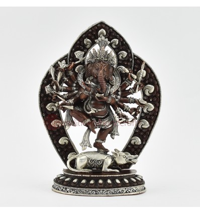   Silver Plated Copper in Oxidation Finish 7" 12 Armed Ganesha Statue