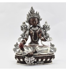 Hand Made Copper Alloy in Oxidation Finish with Silver Plated 9.75" Green Tara Statue