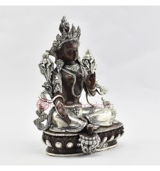 Hand Made Copper Alloy in Oxidation Finish with Silver Plated 9.75" Green Tara Statue