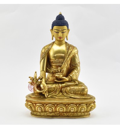 Hand Made Copper Alloy 24 Karat Gold Gilded and Hand Painted Face 9" Medicine Buddha Statue