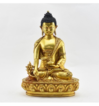 Hand Made Copper Alloy 24 Karat Gold Gilded and Hand Painted Face 11.75" Medicine Buddha Statue