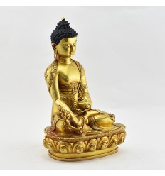 Hand Made Copper Alloy 24 Karat Gold Gilded and Hand Painted Face 11.75" Medicine Buddha Statue