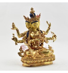 Hand Made Copper Alloy 24 Karat Gold Gilded and Hand Painted Face 10.25" Namgyalma Buddha Statue