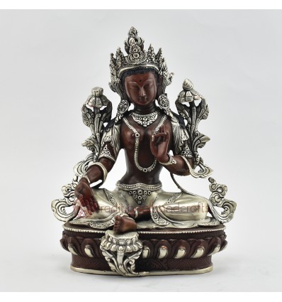 Hand Made Copper Alloy in Oxidation Finish with Silver Plated 9.75" Green Tara Statue