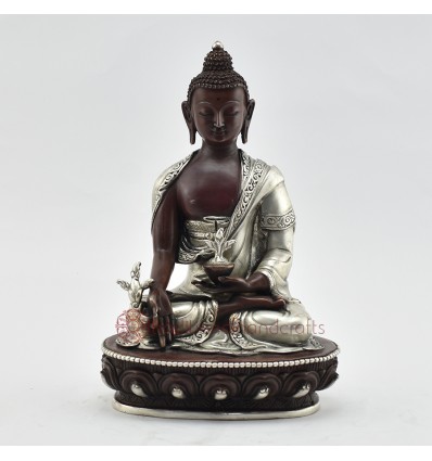 Hand Made Silver Plated Copper Alloy in Oxidation Finish 8" Medicine Buddha Statue