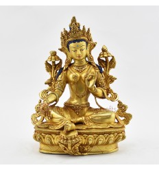 Hand Made Gold Gilded and Hand Painted Face 9.25" Green Tara Statue