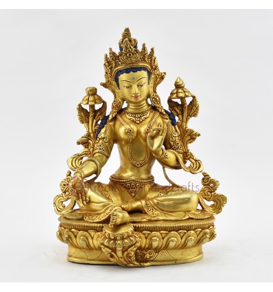 Hand Made Gold Gilded and Hand Painted Face 9.25" Green Tara Statue