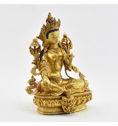 Hand Made Gold Gilded and Hand Painted Face 9.25" Green Tara Statue