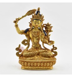 Hand Made Gold Gilded and Hand Painted Face 8.75" Manjushri / Jampelyang Statue