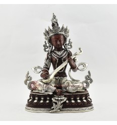 Hand Made Silver Plated Copper Alloy in Oxidation Finish 13.25" Saraswati Statue