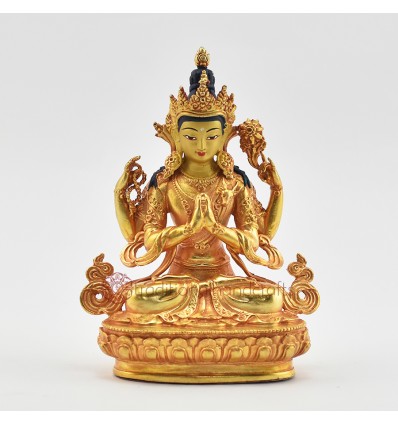 Fine Quality Copper Alloy with Gold Plated and Hand Painted Face 4.25" Chenrezig / Four Armed Avalokiteshvara Statue