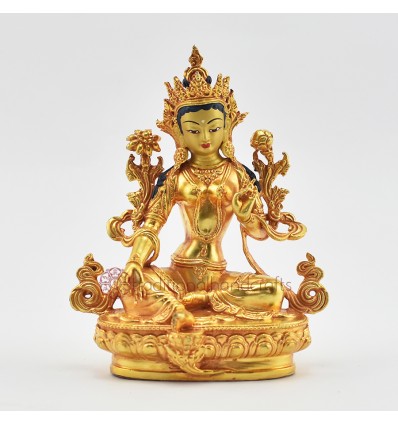 Fine Quality Copper Alloy with Gold Plated and Hand Painted Face 4.25" Green Tara / Dholma Statue