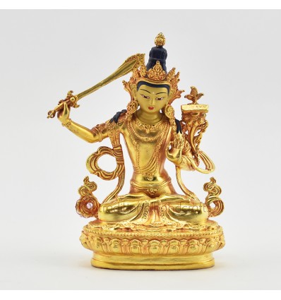 Fine Quality Copper Alloy with Gold Plated and Hand Painted Face 4.5" Manjushri / Jambiyang Statue