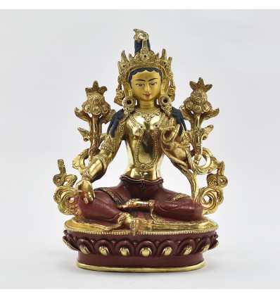 Hand Made Copper Alloy with 24-Karat Gold Gilded and Hand Painted Face 8.75" Green Tara  Statue