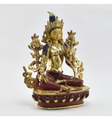 Hand Made Copper Alloy with 24-Karat Gold Gilded and Hand Painted Face 8.75" Green Tara  Statue