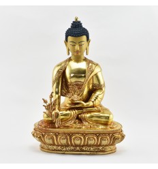 Hand Made Copper Alloy with 24 Karat Gold Gilded and Hand Painted Face 13.5" Medicine Buddha Menla Statue