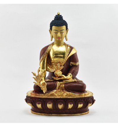 Hand Made Copper Alloy with Gold Gilded and Hand Painted Face 13.5" Medicine Buddha Menla Statue