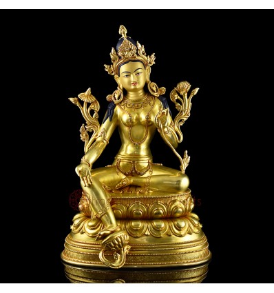 Fine Quality  Hand Made Copper Alloy with 24 Karat Gold Gilded and Hand Painted Face 18" Green Tara / Dholma Statue