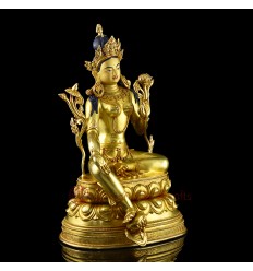 Fine Quality  Hand Made Copper Alloy with 24 Karat Gold Gilded and Hand Painted Face 18" Green Tara / Dholma Statue