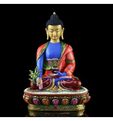 Hand Made  Copper Alloy, Hand Painted with 24 Karat Gold Gilded and Hand Painted Face 13.5" Medicine Buddha Menla Statue