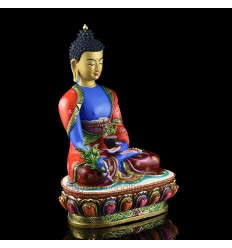 Hand Made  Copper Alloy, Hand Painted with 24 Karat Gold Gilded and Hand Painted Face 13.5" Medicine Buddha Menla Statue