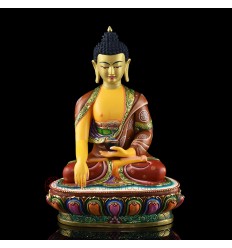 Hand Made Copper Alloy, Hand Painted with 24 Karat Gold Gilded and Hand Painted Face 13.5" Shakyamuni Buddha Tomba Statue