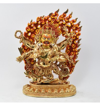 Hand Made Copper Alloy with Fully Gold Gilded 12.5" Black Mahakala Statue